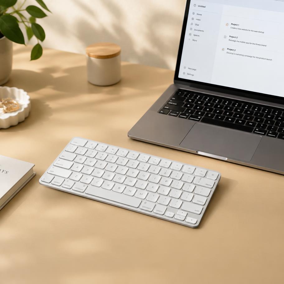 A wireless keyboard and laptop on a warm neutral desk